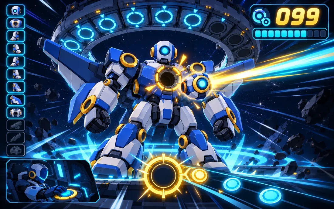 Concept art: a blue and white robot completing its final combination on the beat, with rhythm notes below